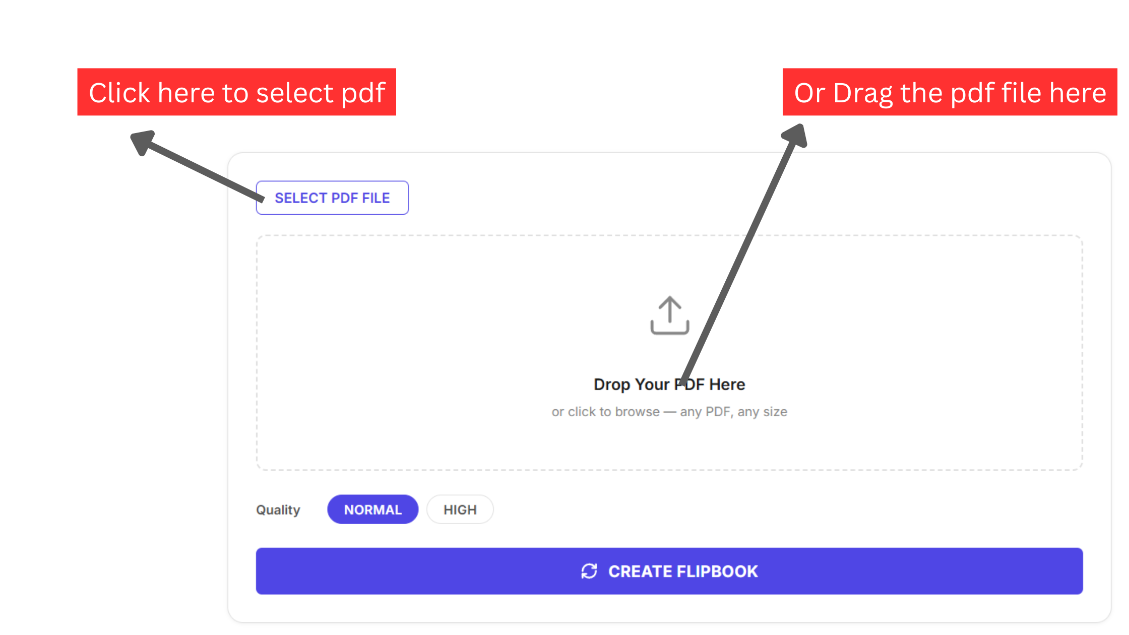 Converter upload staging zone showing Select PDF File button and drag-and-drop dropzone