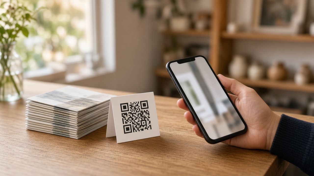 A short stack of folded brochures beside a small tent card with a square code, while a customer’s hand holds a smartphone over the counter