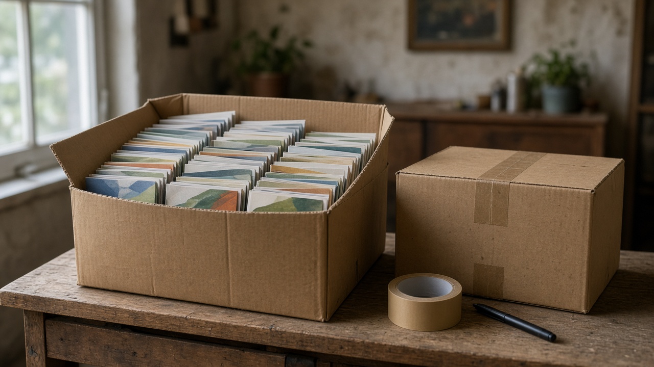 An open cardboard box packed with identical folded brochures on a wooden shelf, beside a taped box and a roll of tape
