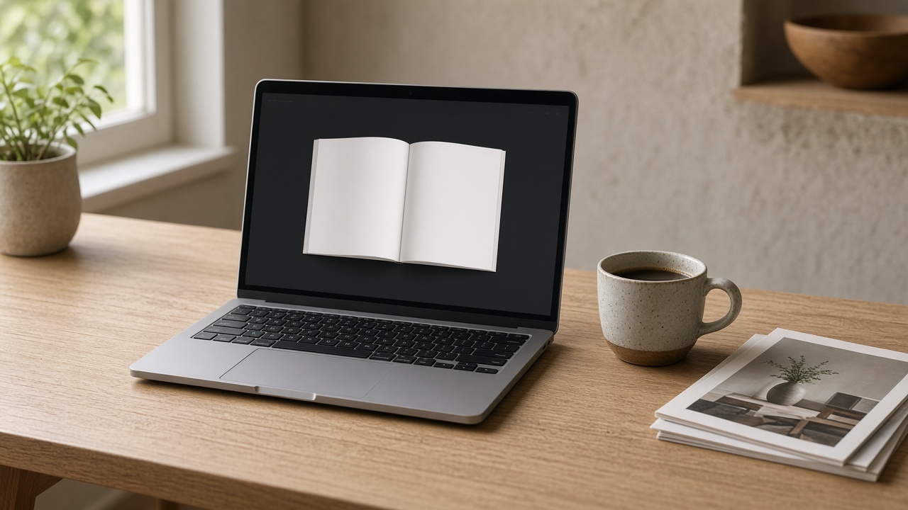 A laptop on a wooden desk showing an open book on a website, with a coffee cup and a small stack of printed pages beside it