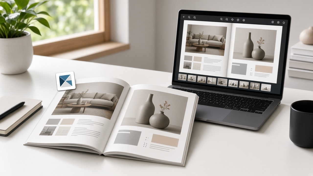 An open product catalog on a desk beside a laptop, with a small intrusive badge on the cover corner