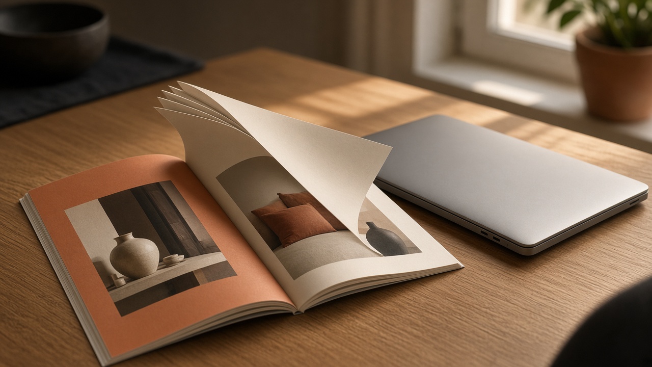 An open paper catalog on a wooden desk beside a laptop, with a page mid-turn and no logo stamped on the spread