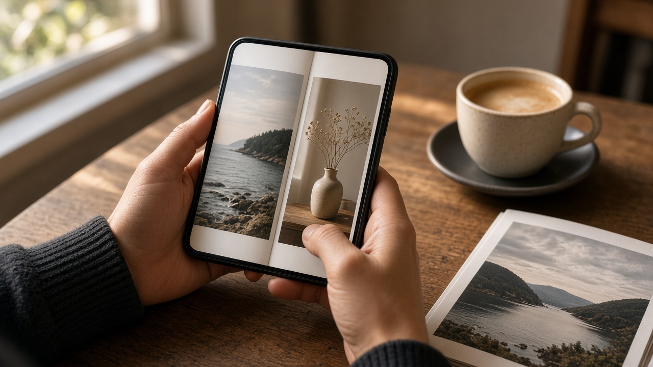 Hands holding a phone that shows an open two-page photo book, with a printed catalog and a cup of coffee on the wooden table