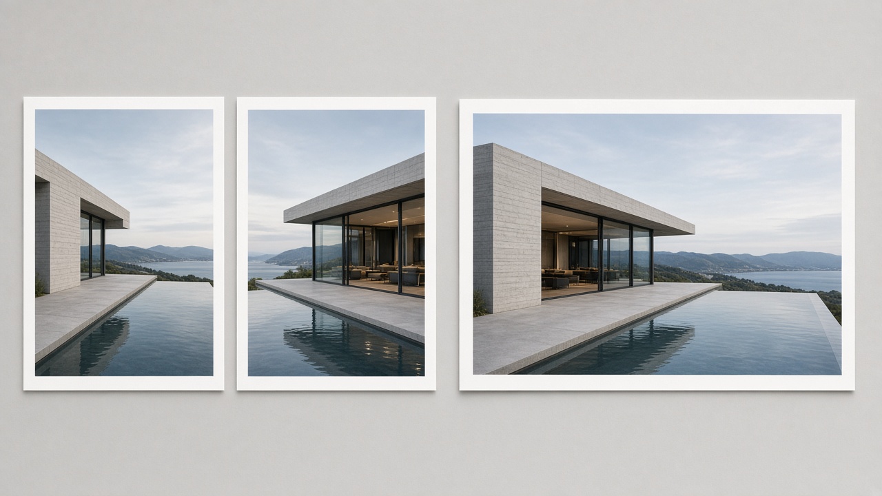 Two separate portrait photo pages with a gap between them, beside one wide landscape photo printed as a single sheet