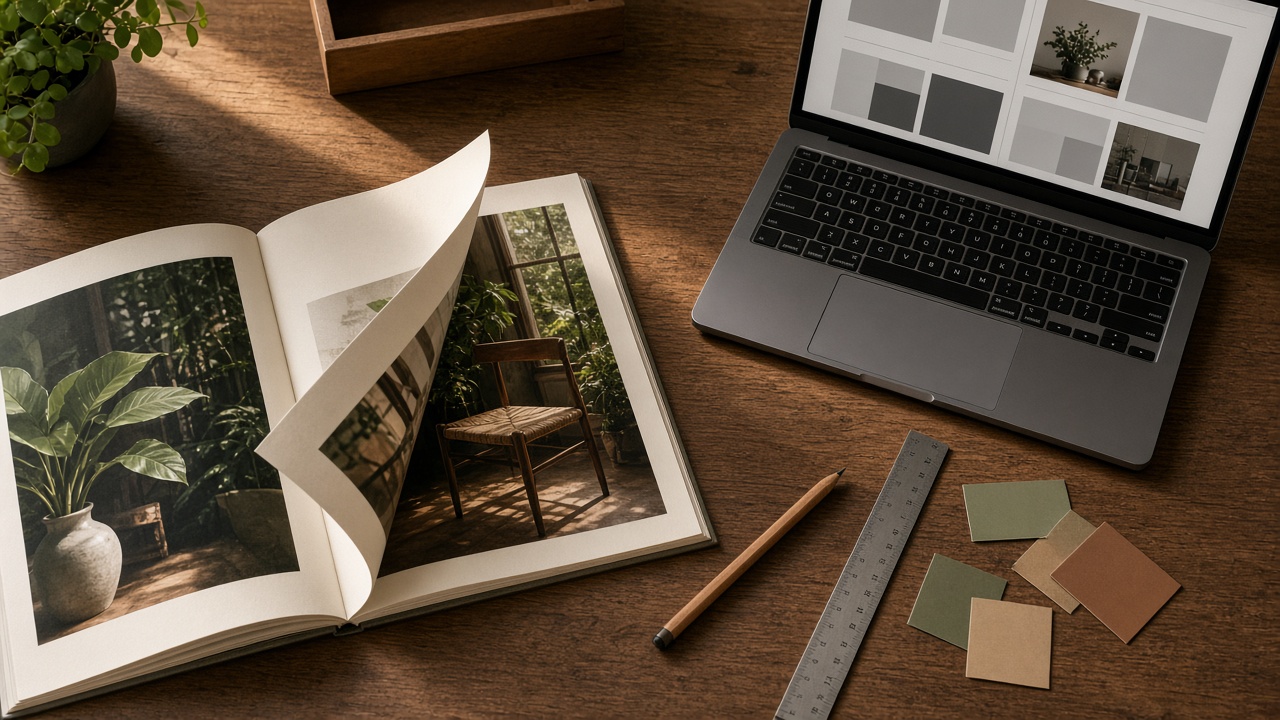 An open printed catalog on a wooden desk with a page lifting, next to a laptop showing an empty layout grid, a pencil, a ruler, and paper color chips