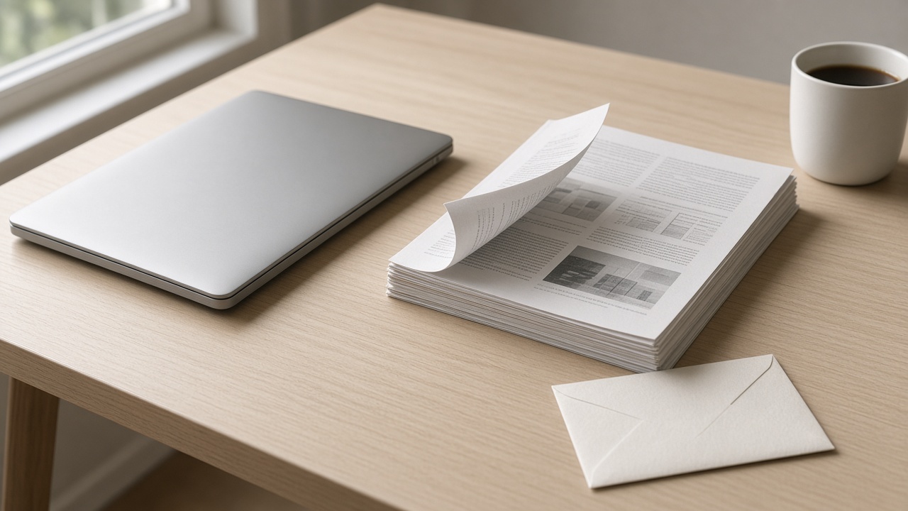 A closed laptop on a wooden desk beside a thick stack of printed pages and a small envelope