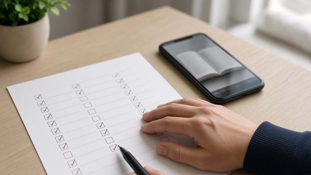 Hands with a paper form and a phone showing an open book-like page view