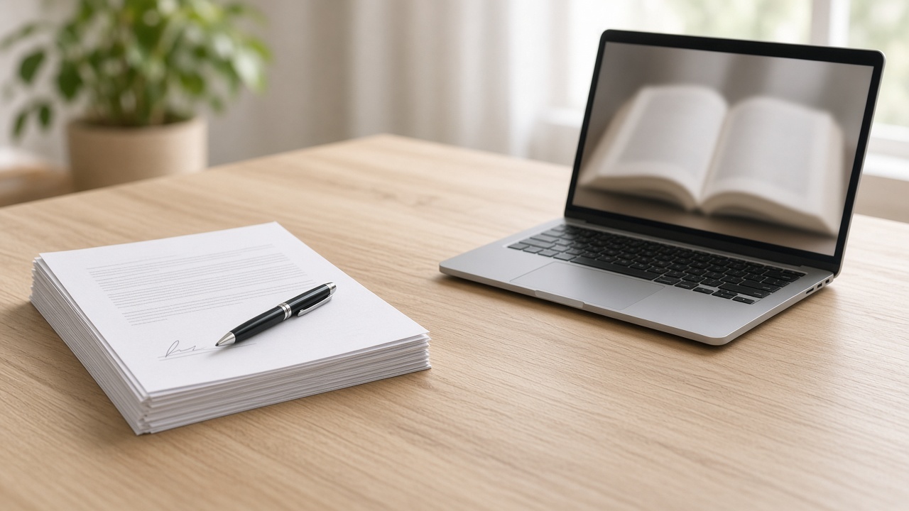 A printed contract with a pen on a wooden desk beside a laptop showing an open book-like spread