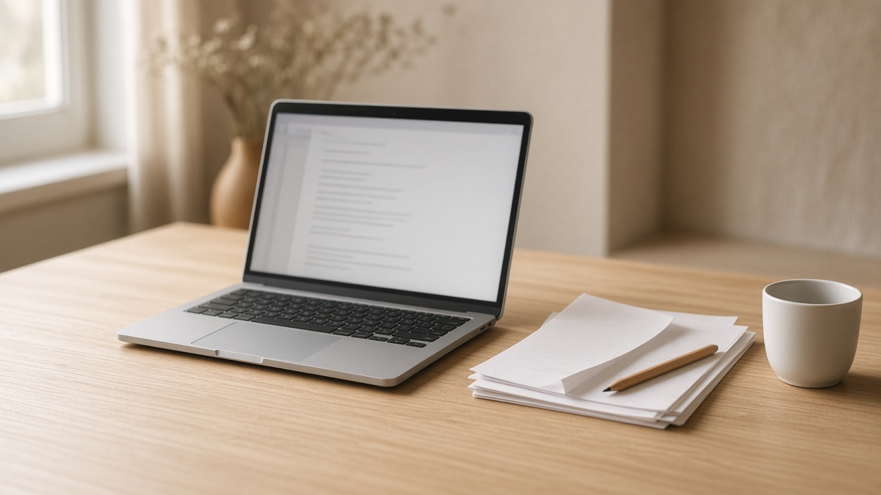 A laptop on a wooden desk beside a short stack of printed pages, a pencil, and a white cup